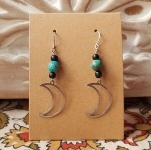 Handmade Boho Crescent Moon and Stone Earrings - Stainless Steel - New